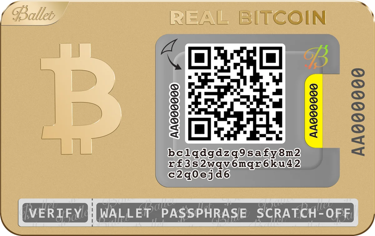 Ballet REAL Bitcoin 24K gold-plated cold storage card, front